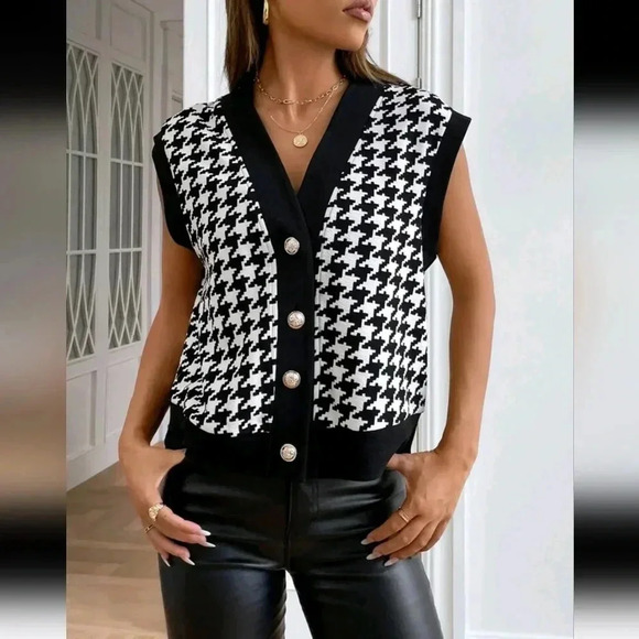 Spring Houndstooth Print Vest Jacket Without Blouse - Picture 3 of 7